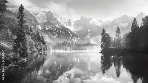 The majestic mountains are reflected in the calm waters of the lake, creating a stunning scene.