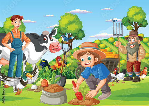 Farmers and animals in a vibrant farm scene