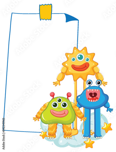 Three cheerful monsters with a blank sign