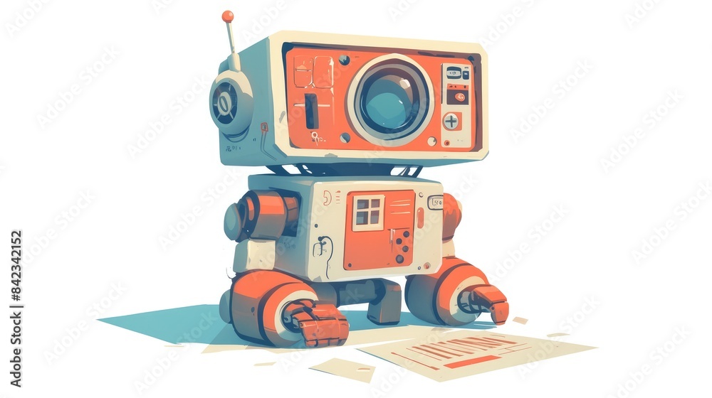 Meet a quirky little robot on a pristine white backdrop ready to infuse fun into your creations in a vibrant cartoon illustration Meet a quirky little robot on a pristine white backdrop ready to infuse fun into your creations in a vibrant cartoon illustration