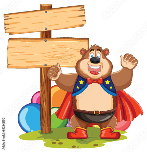 Cheerful bear in superhero costume near signboard