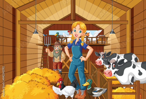 Farmer and animals in a barn