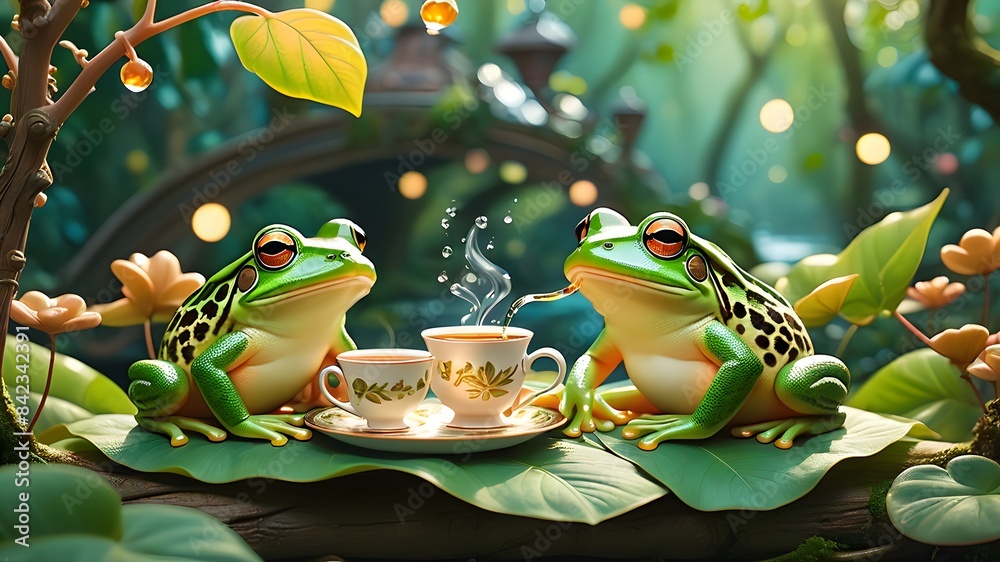 Photo &amp; Art Print Frogs enjoying tea in a whimsical forest setting 