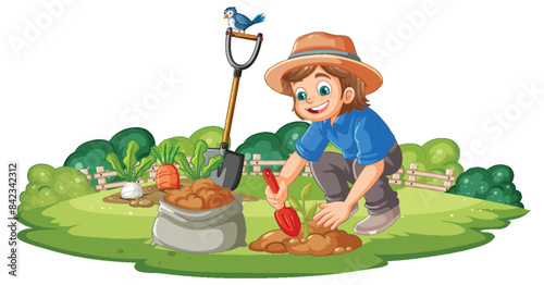 Child gardening with shovel and bird nearby