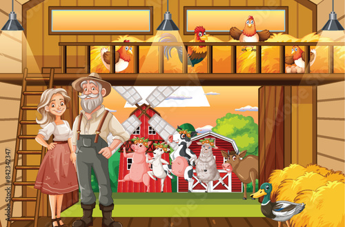 Farmers with animals in a barn