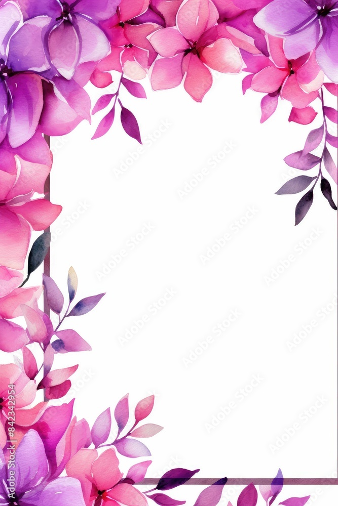 Fototapeta premium bougainvillea themed frame or border for photos . featuring bright pink and purple flowers. watercolor illustration, white color background. 