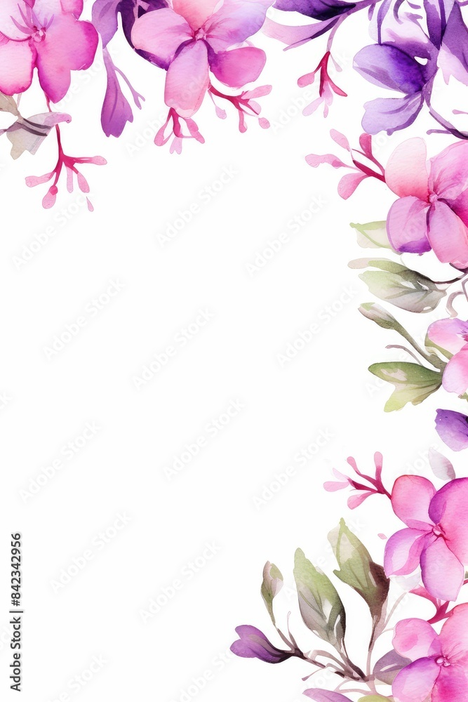 Fototapeta premium bougainvillea themed frame or border for photos . featuring bright pink and purple flowers. watercolor illustration, white color background. 