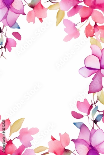 bougainvillea themed frame or border for photos . featuring bright pink and purple flowers. watercolor illustration, white color background. 