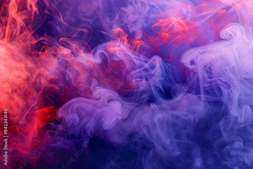 Dynamic swirls of purple smoke intertwining with red and blue fog, forming a vivid and dramatic abstract scene.