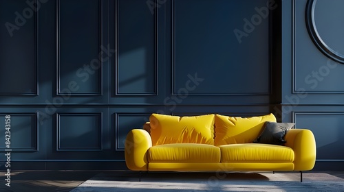 An accent lounge in a large living room. shades of blue and yellow. A bright yellow sofa with mustard undertones against an empty dark blue wall. a mockup of a contemporary interior 1 photo