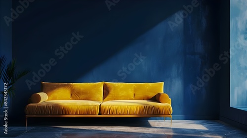An accent lounge in a large living room. shades of blue and yellow. A bright yellow sofa with mustard undertones against an empty dark blue wall. a mockup of a contemporary interior 1 photo