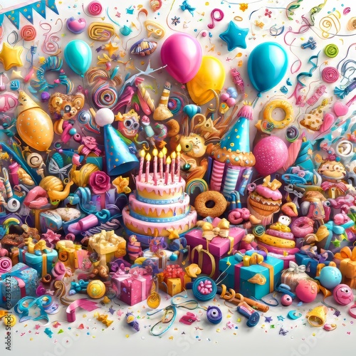 Birthday Background with festive elements balloons, cake, confettis, happy birthday © Steelson