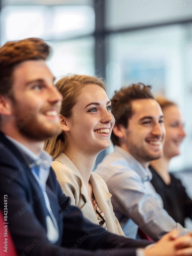 Obraz premium smiling young business people, sitting in an office conference room with confidence while listening to their boss's speech during a team building event. generative AI