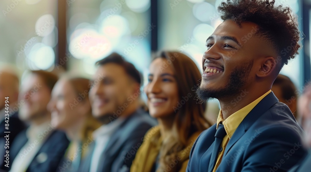 smiling young business people, sitting in an office conference room with confidence while listening to their boss's speech during a team building event. generative AI smiling young business people, sitting in an office conference room with confidence while listening to their boss's speech during a team building event. generative AI