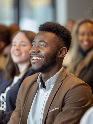 smiling young business people, sitting in an office conference room with confidence while listening to their boss's speech during a team building event. generative AI © yj