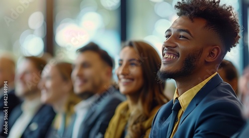 smiling young business people, sitting in an office conference room with confidence while listening to their boss's speech during a team building event. generative AI