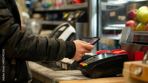 Obraz na płótnie Close-up of a customer's hand using a mobile phone to pay using a contactless payment terminal in a store w salonie