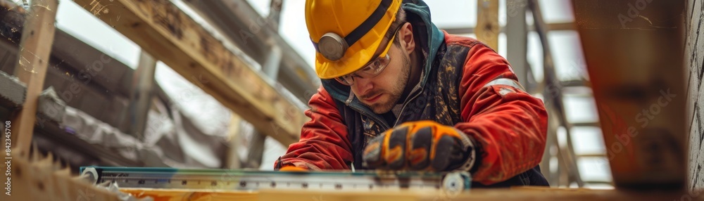 A construction worker in a hard hat works on a project. A construction worker in a hard hat works on a project.