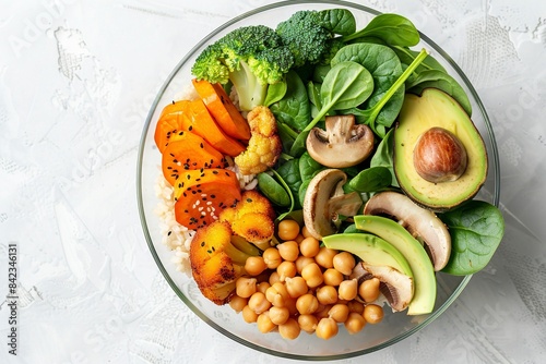 healthy vegan lunch bowl with Avocado, mushrooms, broccoli, spinach, chickpeas, pumpkin on a light background. vegetables salad. Top view. Copy space, Generative ai