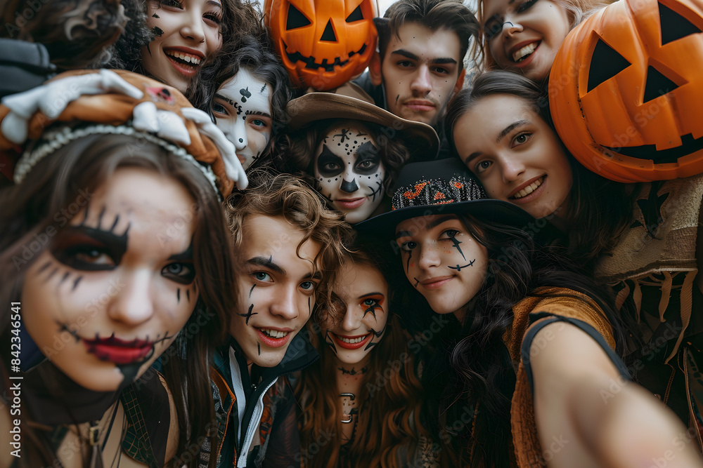 Selfie of group of people of different ages dressed in halloween costumes and make-up, making funny faces, celebrating the holiday. Selfie of group of people of different ages dressed in halloween costumes and make-up, making funny faces, celebrating the holiday.