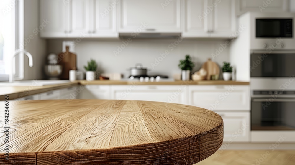 Empty beautiful round wood tabletop counter in clean and bright kitchen background Empty beautiful round wood tabletop counter in clean and bright kitchen background