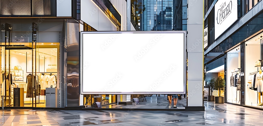 Narrow horizontal blank billboard displayed on a boutique store in an upscale shopping area. Narrow horizontal blank billboard displayed on a boutique store in an upscale shopping area.