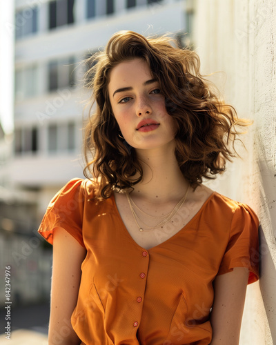 Outdoor Fashion Photoshoot with Curly-Haired Model in Orange Top.  A striking outdoor fashion photoshoot featuring a young woman with curly hair, posing against a building wall. 