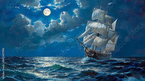 Oil painted ship on the sea photo