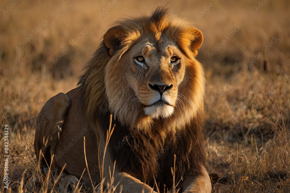 Professional photograph of a lion in the savanna at sunset. Male lion, king of the wilderness, majestic and powerful. Professional photograph of a lion in the savanna at sunset. Male lion, king of the wilderness, majestic and powerful.