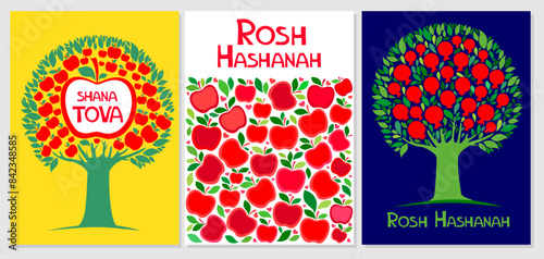 Jewish new year, rosh hashanah, greeting card set with traditional icons. Happy New Year. Apple, pomegranate and leaves, Jewish New Year symbols and icons. Universal trendy Holidays art templates. 