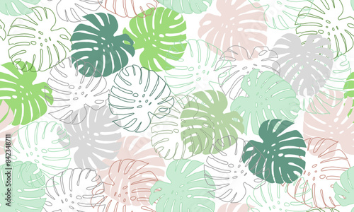 Colorful monstera leaves seamless pattern in white background. Vector Repeating Texture.