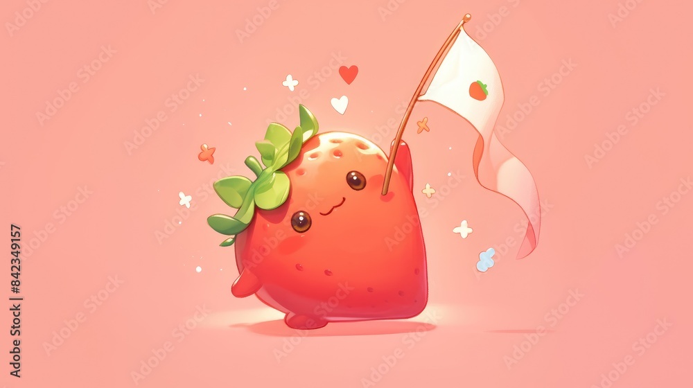 Obraz premium Imagine the strawberry juice character playfully raising the flag like a line judge adding a touch of cuteness to the design for a t shirt sticker or logo element