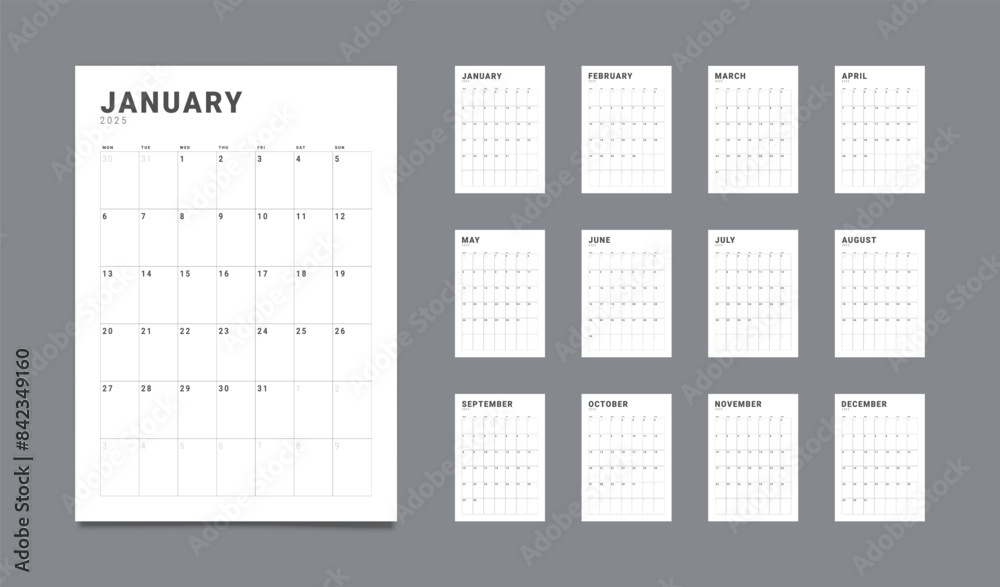 Set of 12 Pages Monthly Calendar Planner Templates on 2025 year. Vector vertical grid for wall or desktop calendar with the week starting on Monday for printing. Pages layouts sizes A4 -21x29.7 cm. Set of 12 Pages Monthly Calendar Planner Templates on 2025 year. Vector vertical grid for wall or desktop calendar with the week starting on Monday for printing. Pages layouts sizes A4 -21x29.7 cm.