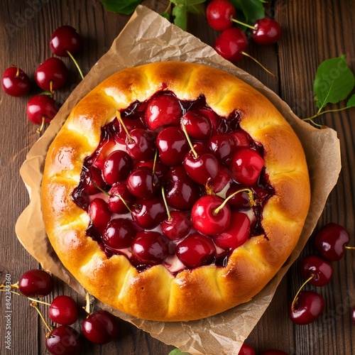 Bublanina pie fresh, juicy summer cherry enveloped in a soft sponge cake closeup on the parchment on the wooden table. top view from above photo