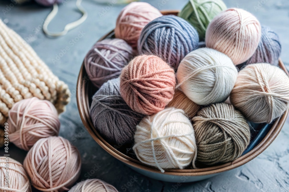 The background is made of balls of wool yarn . Needlework, textiles, knitting. Winter season, small business, handmade clothes.