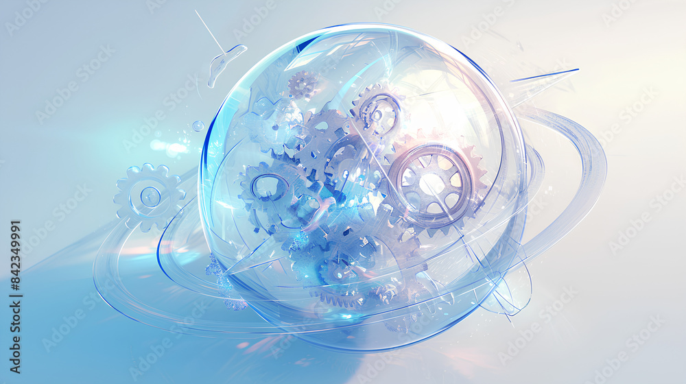 glass effect 3D gears and arrows interlocking around the ball glass effect 3D gears and arrows interlocking around the ball