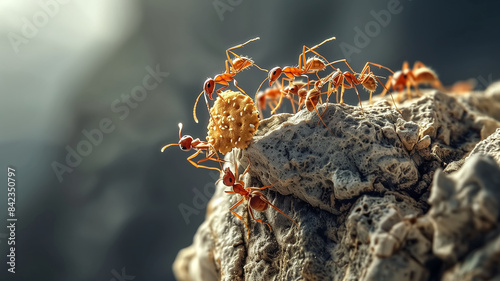 the picture is a group of little ants, carrying a bite of grahm cracker on a cliff. photo