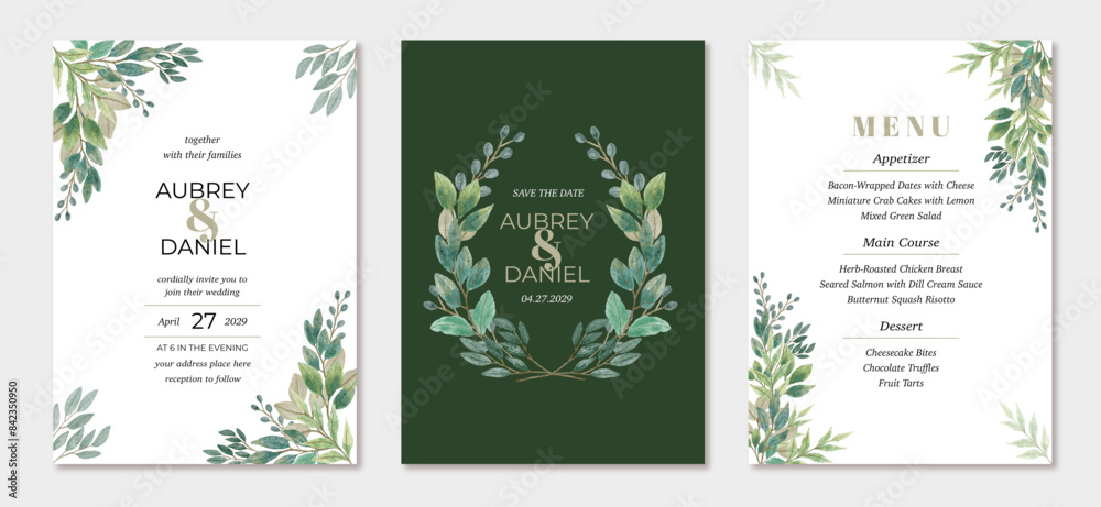 wedding invitation set with green leaves watercolor frame wedding invitation set with green leaves watercolor frame