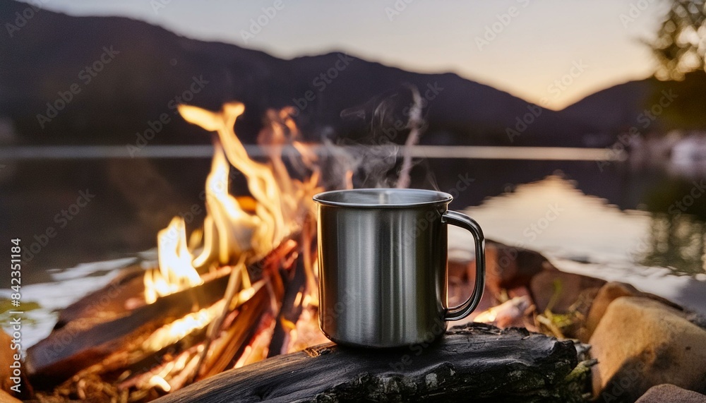 Captivating Lifestyle Image of Matte Metal Coffee Mug Being Used Outdoors by a Campfire. Concept Outdoor Lifestyle Photography, Camping Theme, Mug Product Shot, Matte Metal Finish, Campfire Setting Captivating Lifestyle Image of Matte Metal Coffee Mug Being Used Outdoors by a Campfire. Concept Outdoor Lifestyle Photography, Camping Theme, Mug Product Shot, Matte Metal Finish, Campfire Setting