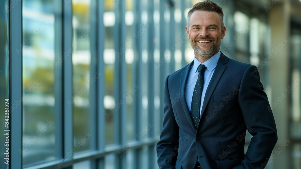 An approachable and cheerful businessman in a suit, smiling at the camera in an office setting An approachable and cheerful businessman in a suit, smiling at the camera in an office setting