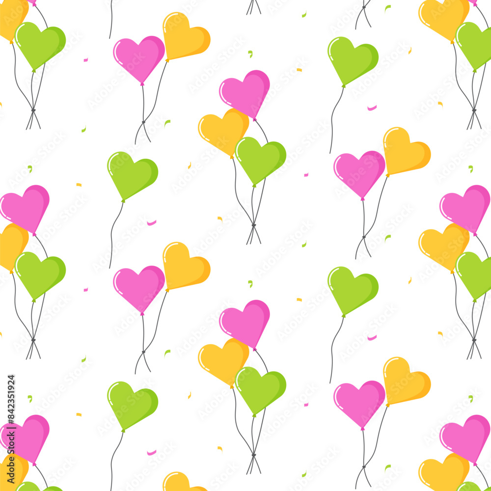 Cute colorful heart balloon flying pattern seamless illustration wrapping, card, package, printable background Cute colorful heart balloon flying pattern seamless illustration wrapping, card, package, printable background