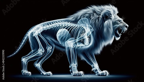 White Skeleton of a Lion Walking on Black Background