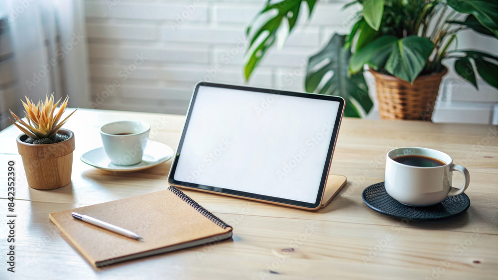 Mockup Tablet blank screen of placed on office table. Mockup Tablet blank screen of placed on office table.