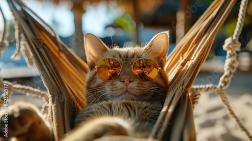 Cat in a hammock. Summer rest concept.