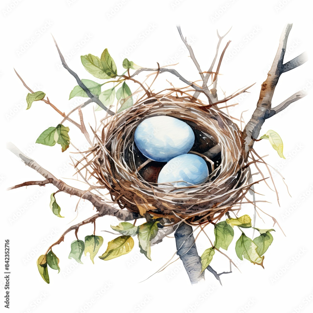 Bird nest with eggs on tree branch watercolor clipart illustration on ...