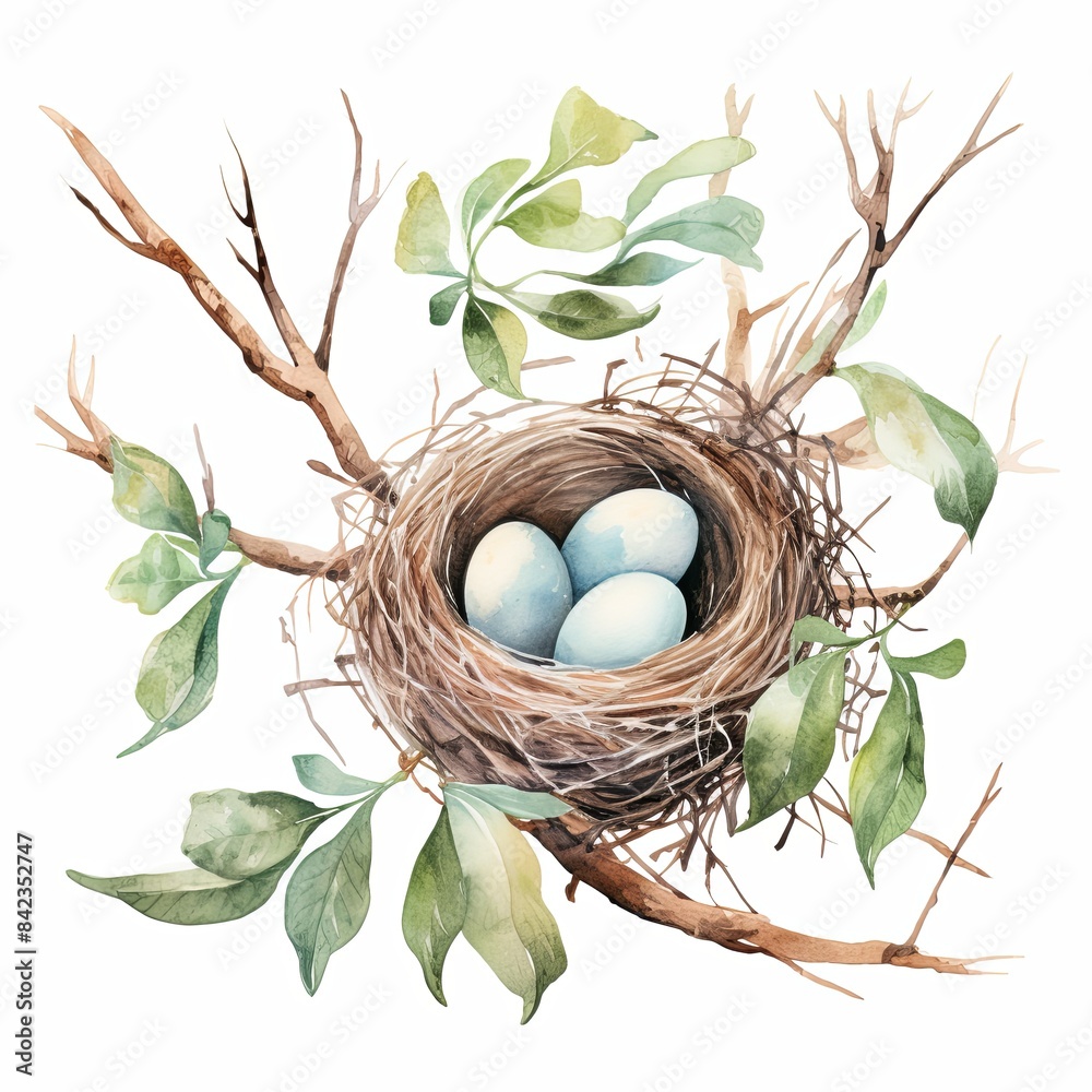 Bird nest with eggs on tree branch watercolor clipart illustration on ...