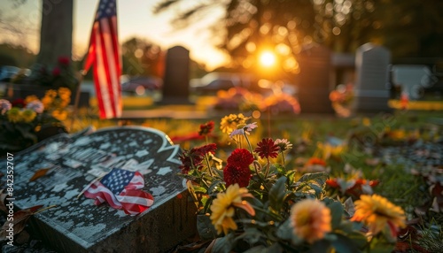 A close-up of a grave marker with an American flag, surrounded by flowers and a sunset in the background.