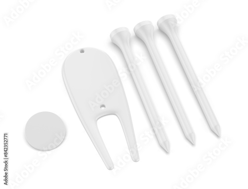 Fotografía Blank golf divot tool tee set 3d illustration.