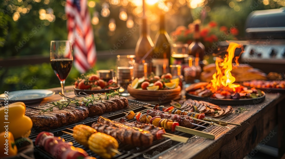 Naklejka premium A summer barbecue with grilled food, wine, and a grill in the background. The setting sun casts a warm glow on the scene.