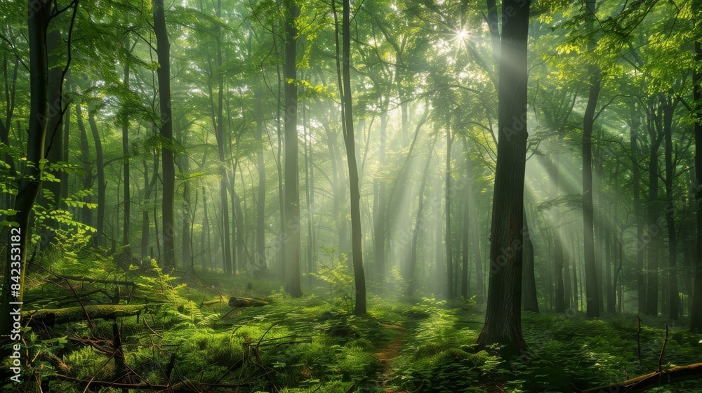 Obraz premium In the dense forest, sunlight shines through leaves and rays of light fall on green trees in summer. scene of an growth woodland in the style of nature